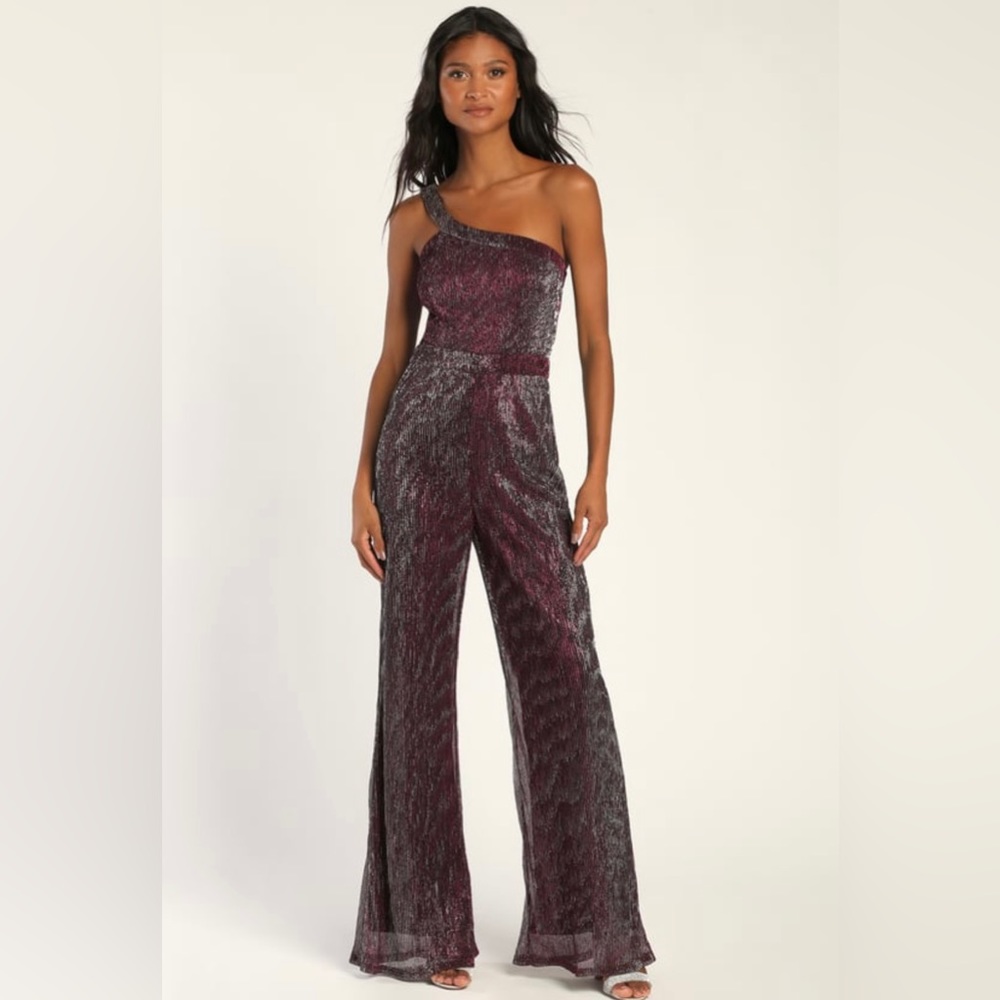 Glitter Girl Shiny Purple One-Shoulder Wide Leg Jumpsuit NWT
